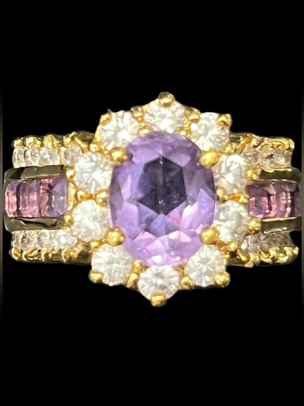 Suzanne Somers vintage amethyst oval round princess cut CZ cocktail ring gold